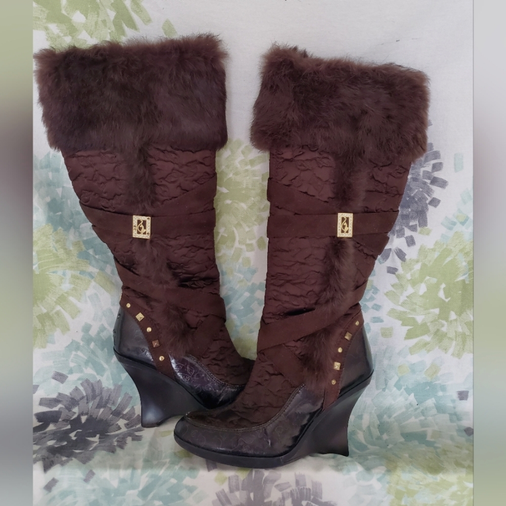 Women's Babyphat Brown Fur-Trimmed Wedge Boots